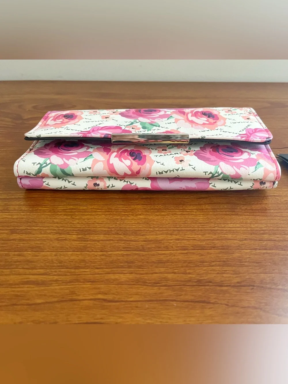 NWT TAHARI Floral Pink Clutch Wallet Rose Faux Leather Vegan Logo Snap RFID